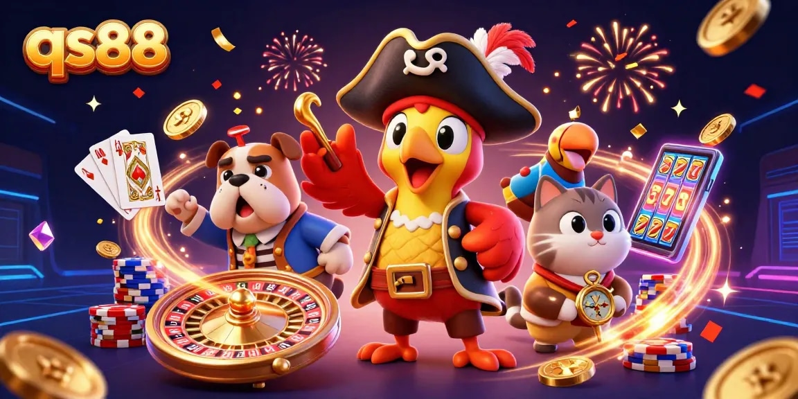 Experience the thrill of qs88 casino with joyful pirate-themed characters and vibrant gaming elements.