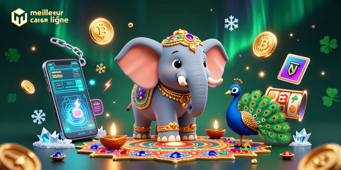 Découvrez le meilleur casino en ligne avec cette illustration vibrante d'un éléphant décoré, entouré d'éléments de jeu fascinants.