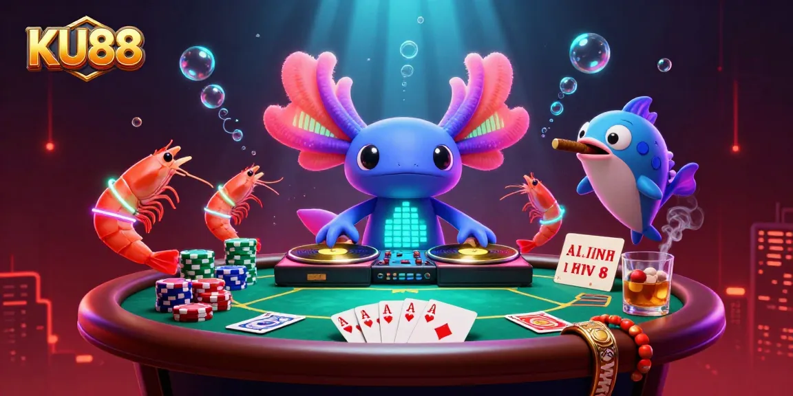 KU88 promotional scene featuring an axolotl DJ and vibrant poker elements in an underwater casino.