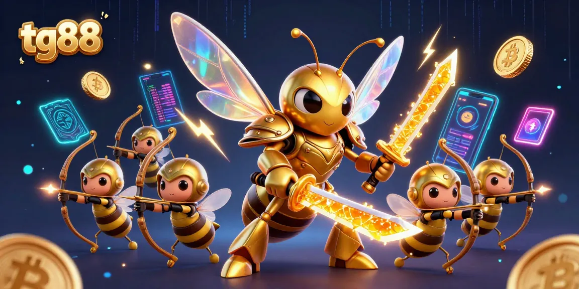 Engage in thrilling gaming at tg88, featuring a golden hornet in samurai armor surrounded by Bitcoin and vibrant casino elements.