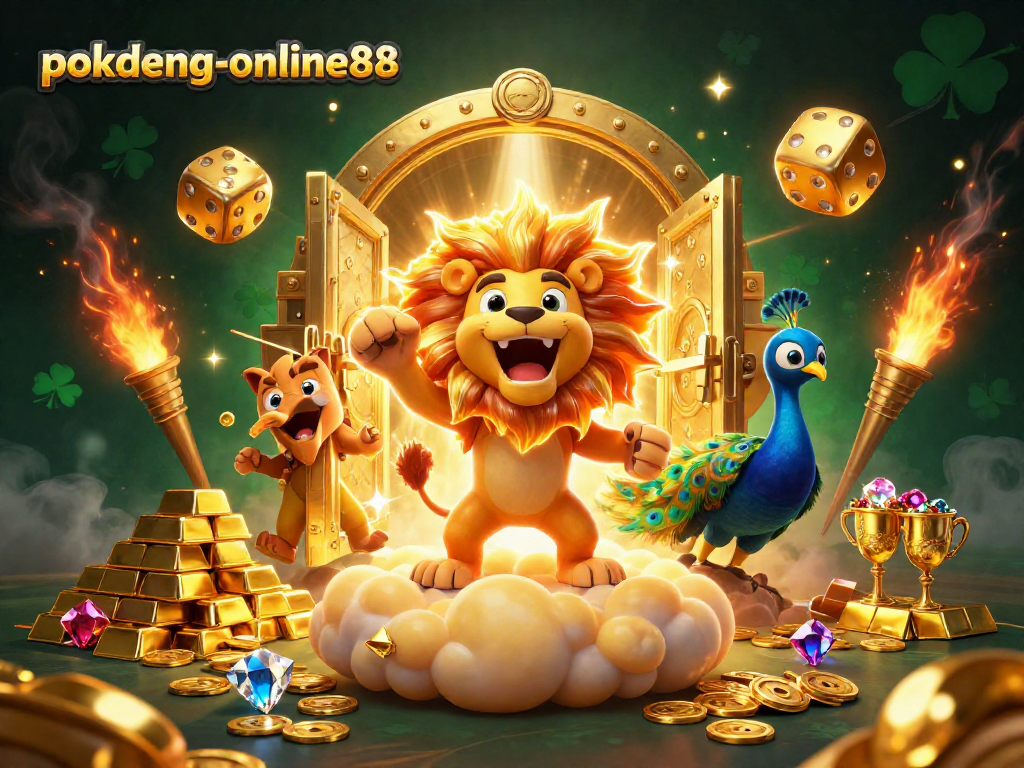 Experience thrilling gameplay with pokdeng-online88 alongside a majestic sun lion surrounded by treasures.