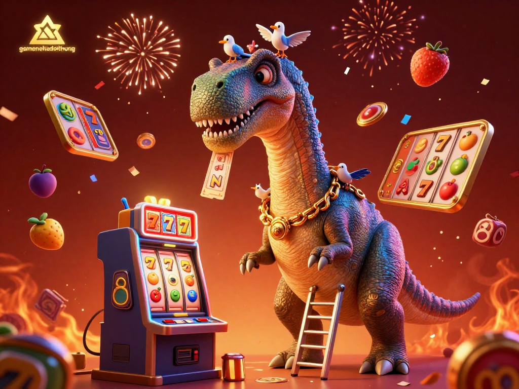 Experience big wins at gamenohudoithuong featuring a vibrant 3D illustration of a brontosaurus and energetic slot game elements.