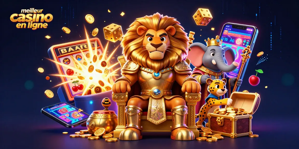 Visualisez l'expérience du meilleur casino en ligne avec un roi lion assis sur un trône d'or entouré de la richesse du jeu.
