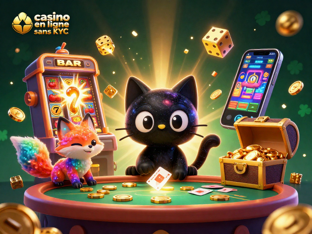 Jouez aux jeux de casino en ligne sans KYC avec des personnages animés et des lots dorés.
