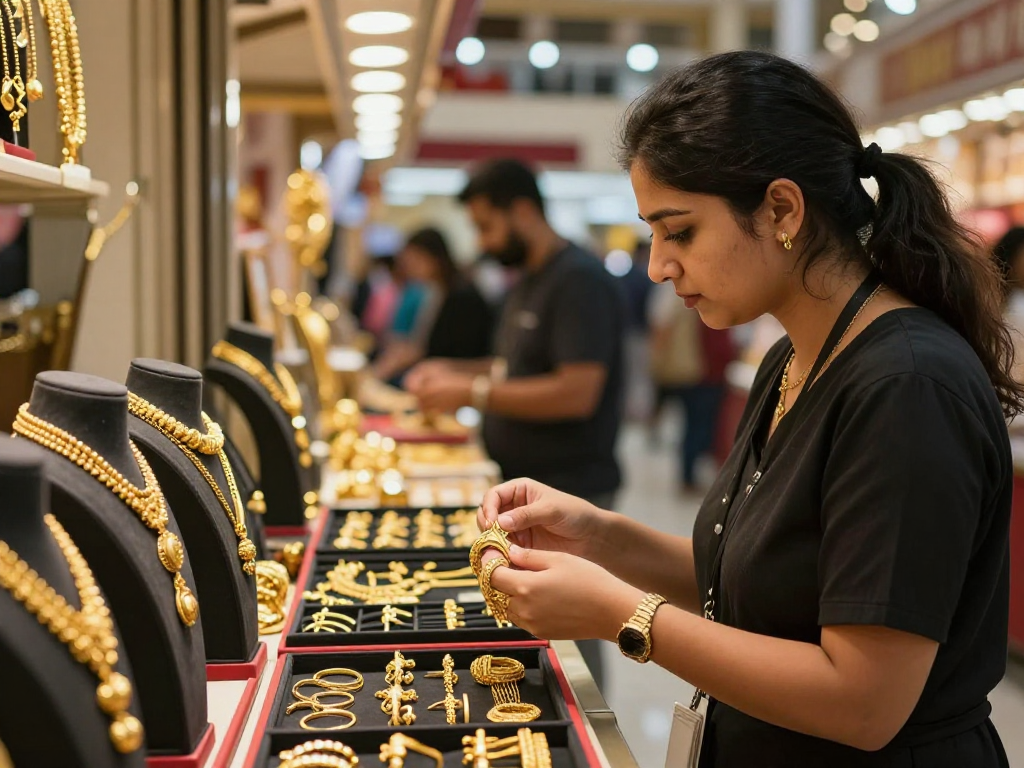 Customer exploring 24K gold jewelry at mantra88 in a vibrant Bahrain market.