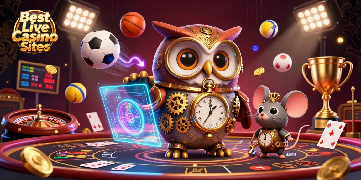 Engage with the Best Live Casino Sites featuring a 3D cartoon owl in a vibrant live dealer casino setting.