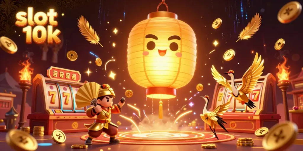 Experience the excitement of slot 10k with dynamic golden lantern spirits, fan warriors, and vibrant casino elements.