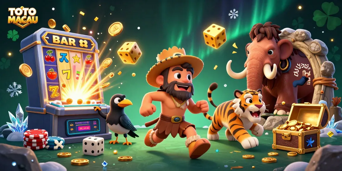 TOTO MACAU showcases a thrilling prehistoric casino scene with dynamic characters and exciting game elements.