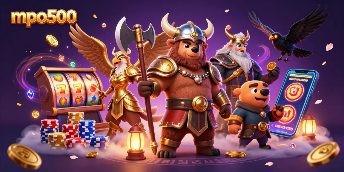 Experience thrilling wins with mpo500 in a vibrant casino scene filled with characters and slot machines.