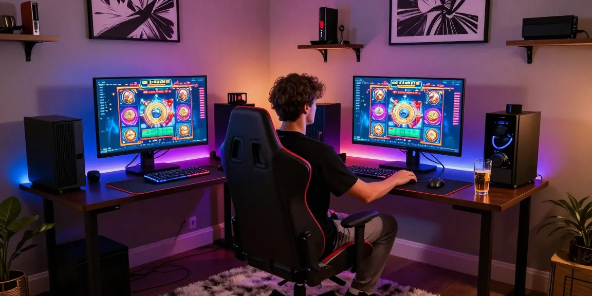 Pengaturan permainan mewah dengan LUXURY777, gamer di meja gaming elegan, layar besar menampilkan permainan slot.