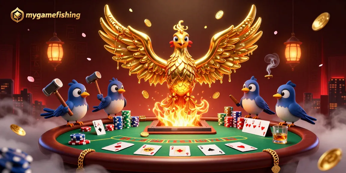 Experience mygamefishing action with a golden phoenix and poker elements in a vibrant, dynamic scene.