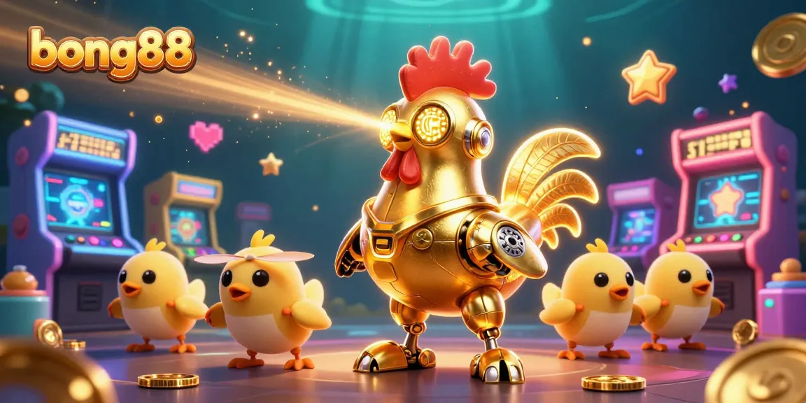 Engage with bong88's vibrant casino experience featuring a golden rooster robot and arcade elements.
