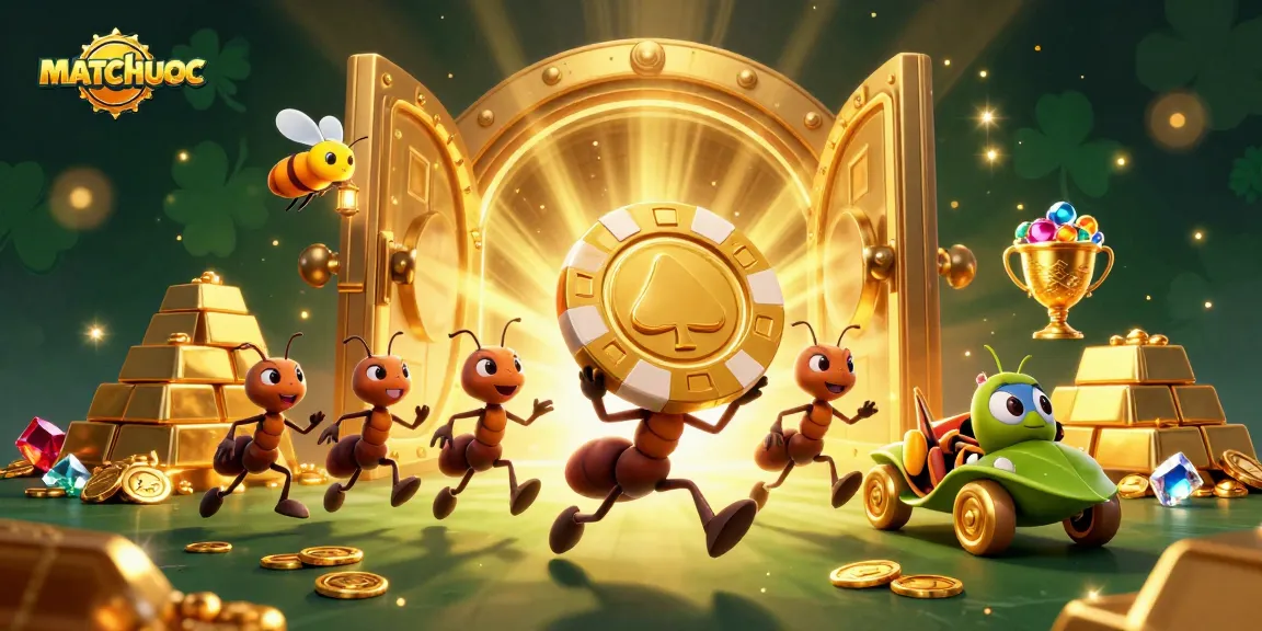matchuoc team of ants execute a heist with a golden poker chip in a cartoonish casino scene