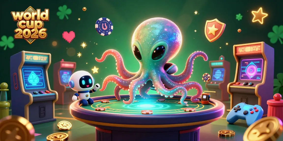 Engage in the excitement of world cup 2026 with a vibrant 3D alien octopus at a holographic poker table.