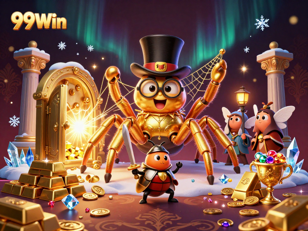 Engage with the 99Win casino adventure featuring a golden tarantula and beetle knight amidst treasure.