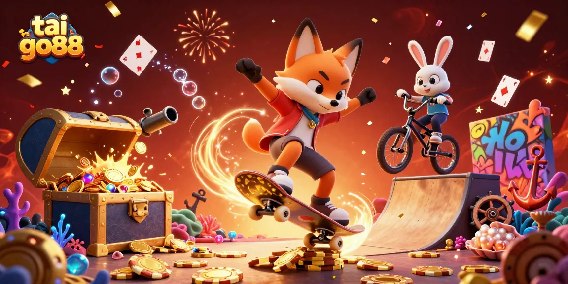 Tai go88 attracts gamblers with a thrilling 3D scene featuring a fox kicking over golden poker chips and vibrant casino elements.