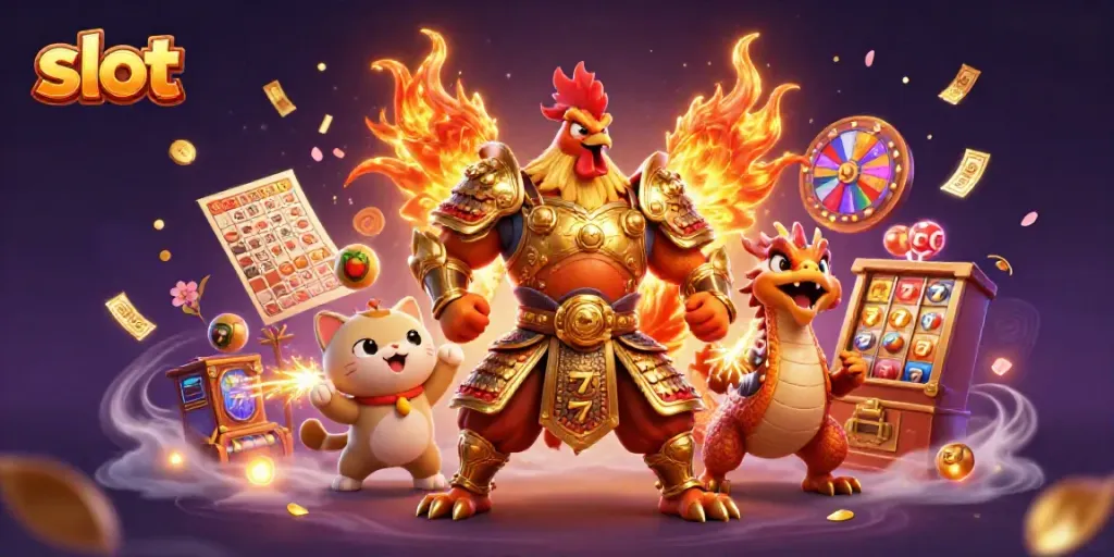 Slot bertema ilustrasi 3D menunjukkan ayam jantan bertubuh kuat dan naga, dikelilingi elemen permainan slot yang cerah.