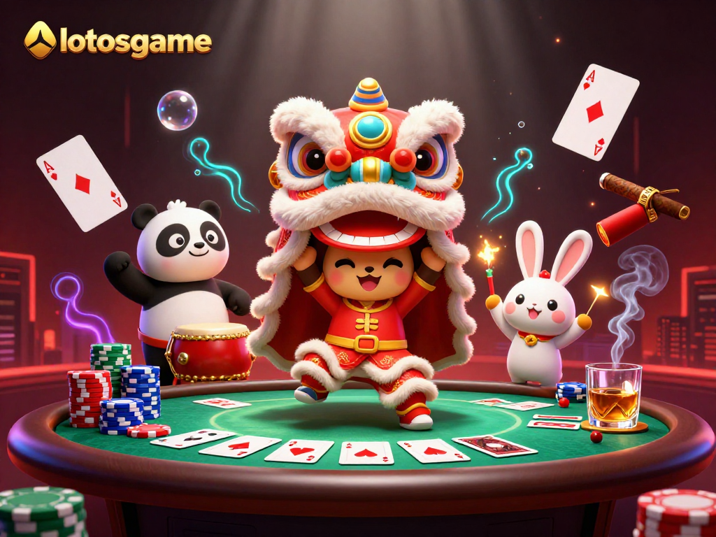 Join the exciting world of lotosgame with a vibrant lion dance, poker thrills, and winning chances.
