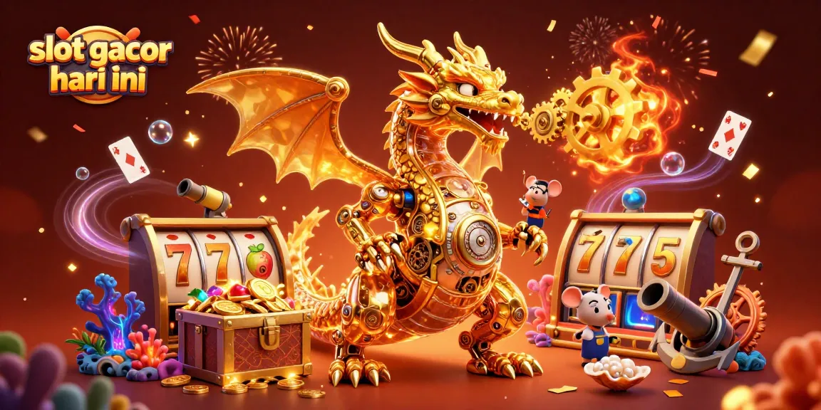 Engage with slot gacor hari ini as a golden dragon breathes gears in a vibrant casino scene.