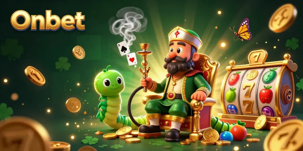 Experience Onbet's thrilling slots with a dynamic 3D illustration featuring vibrant symbols and characters.