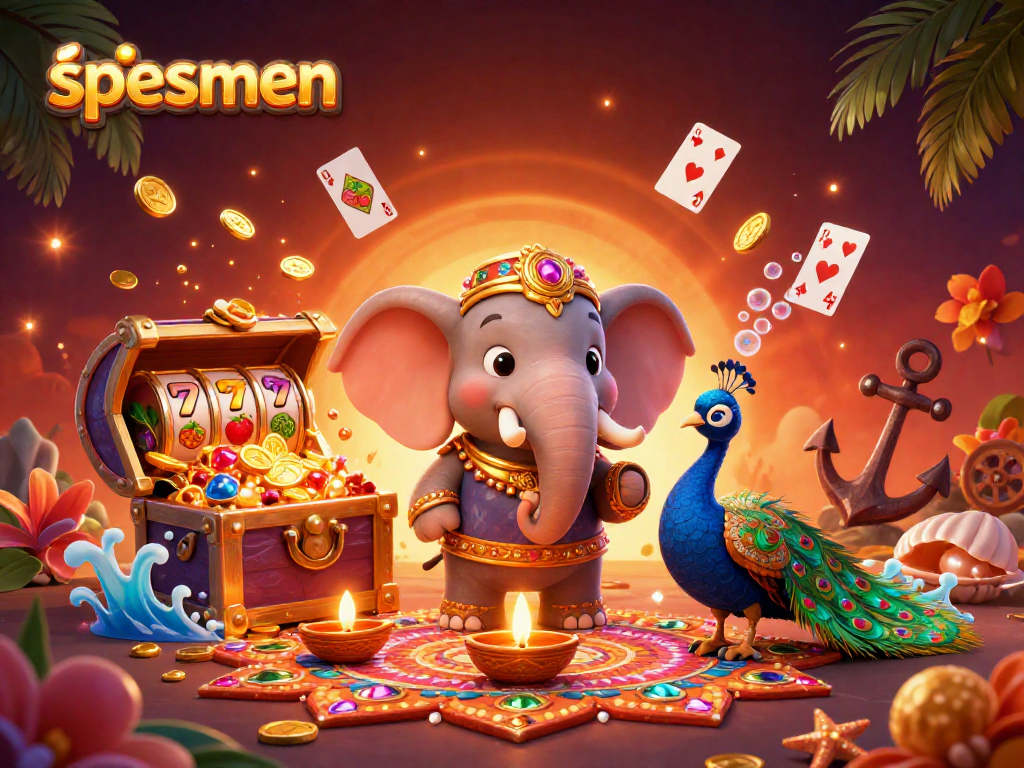 Play slot games with spesmen and vibrant 3D-themed characters amidst colorful gems and coins.
