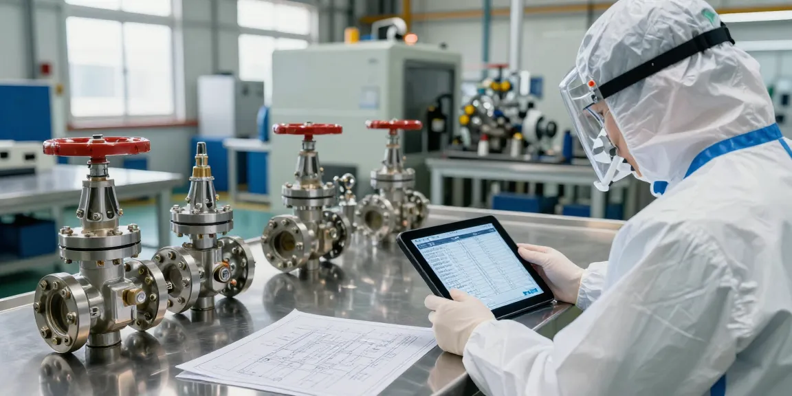 Engineer using a digital valve directory in a modern manufacturing facility, showcasing valve designs and specifications.