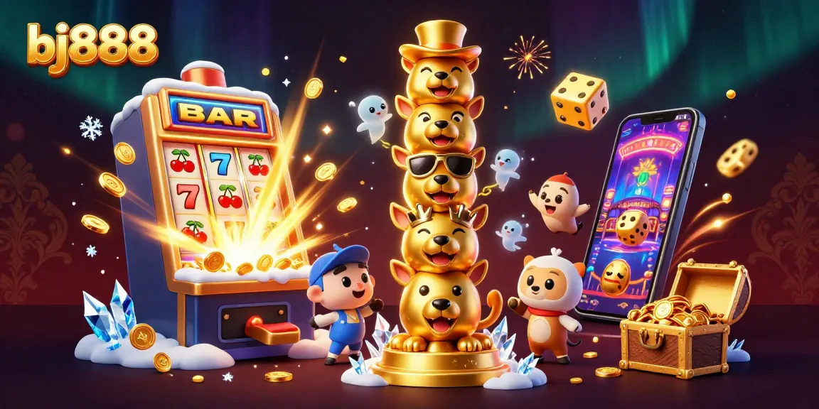Experience vibrant excitement at bj888 with a cartoon totem and dynamic casino elements.