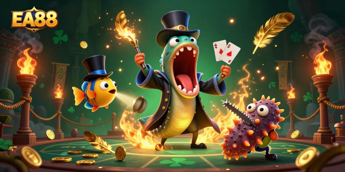 Experience EA88’s thrilling magic act with vibrant characters and casino elements in a captivating 3D illustration.