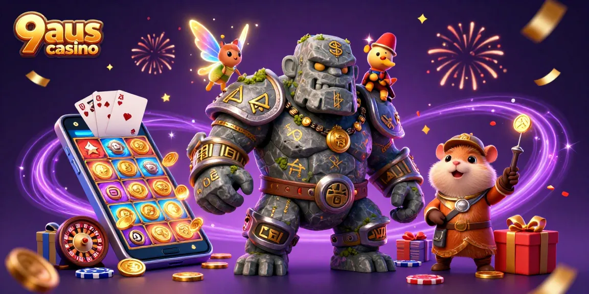 Experience the excitement at 9aus casino with dynamic illustrations of magical gaming characters.
