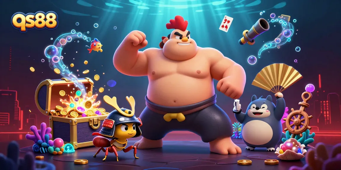 Feel the excitement of qs88 with a cartoon sumo wrestler and a fierce cricket amidst gold coins and gems.