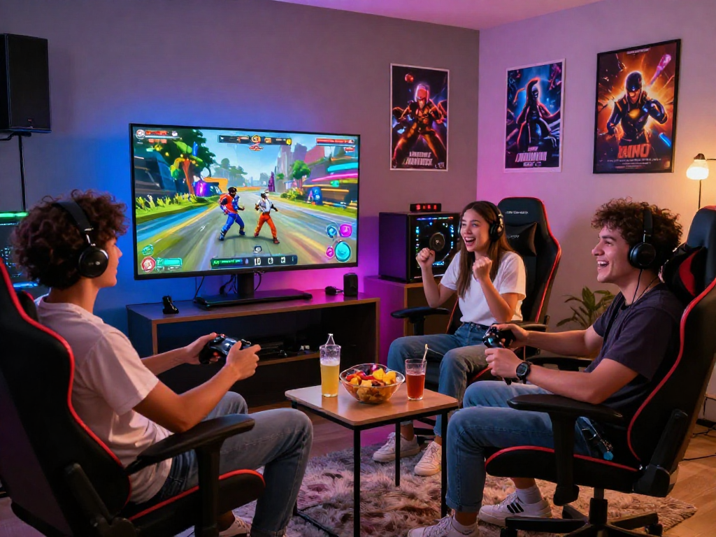Group playing a vibrant porn game together in a cozy gaming room atmosphere.