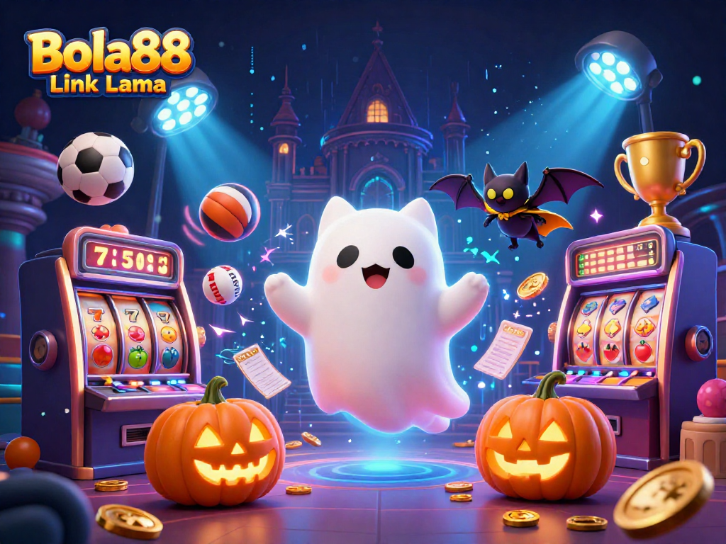 Experience thrilling gaming at Bola88 Link Lama with vibrant ghosts, casino excitement, and glowing symbols.