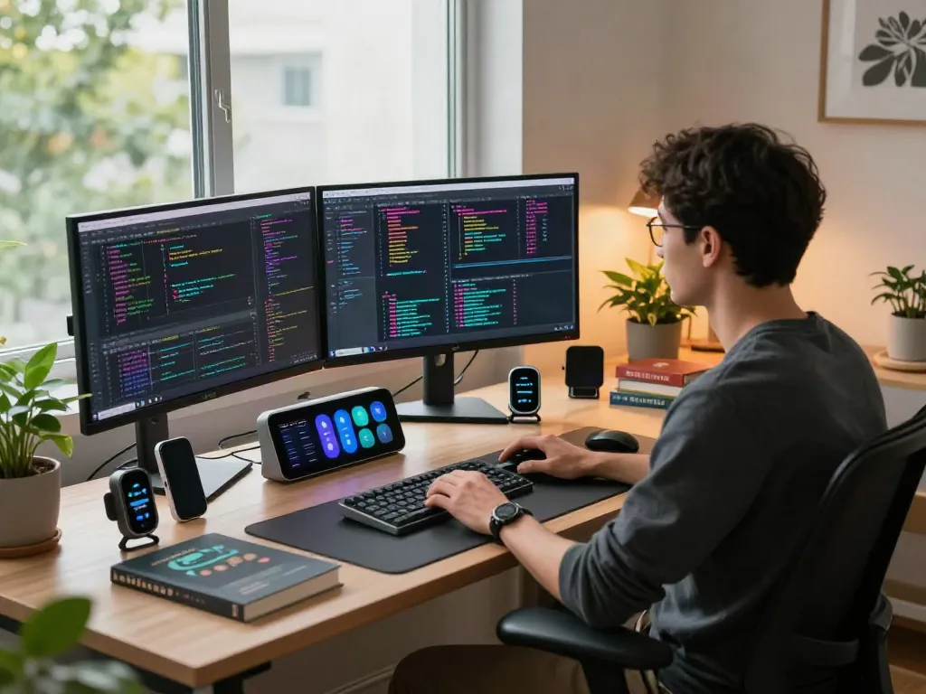 Developer bekerja di ruang digital modern dengan aplikasi diana4d.