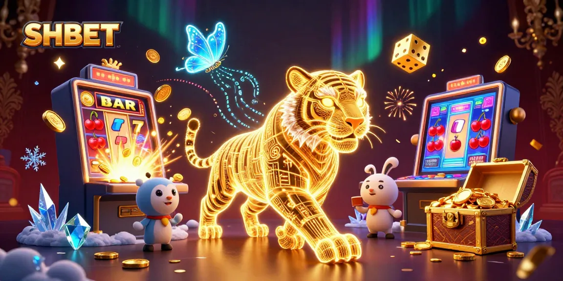 Engage with SHBET's thrilling casino experience featuring a neon tiger, vivid games, and a jackpot celebration.
