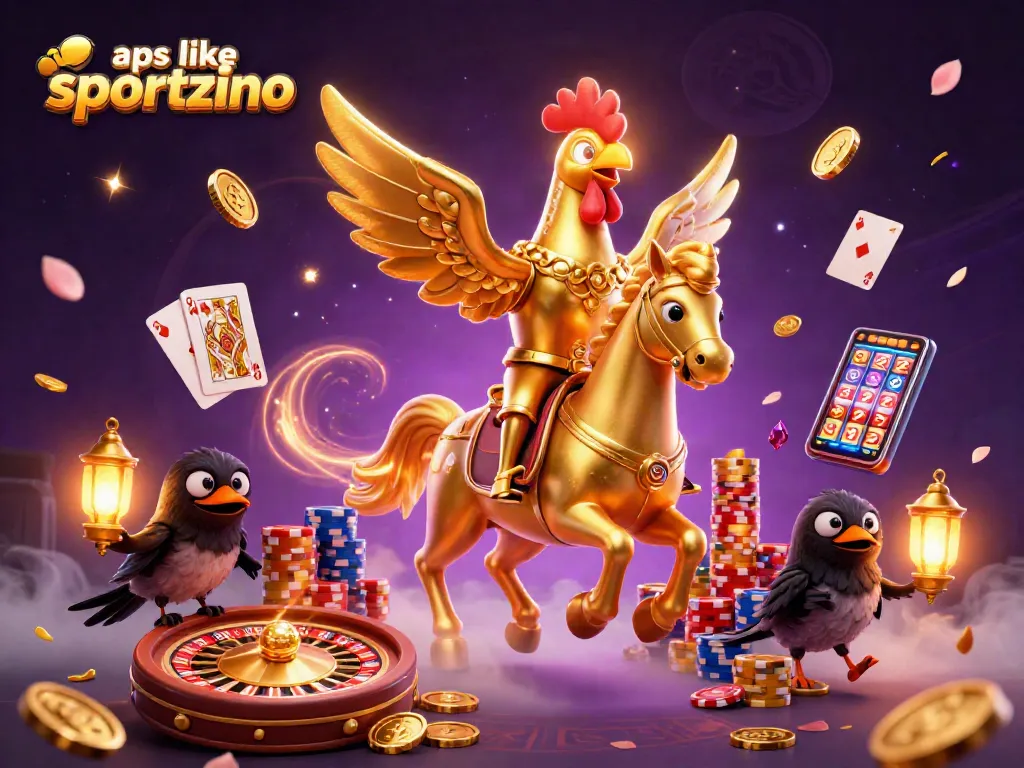 Engage with apps like Sportzino in a vibrant casino scene featuring golden rooster, coins and games.
