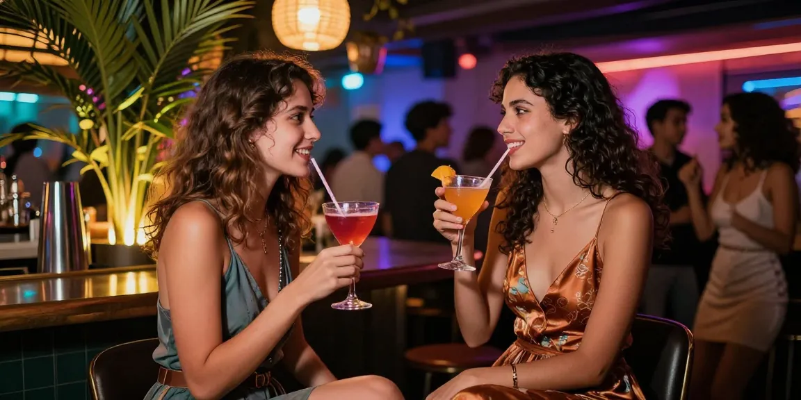 Gái gọi đang thưởng thức cocktail tại quán bar sôi động với không khí vui vẻ.