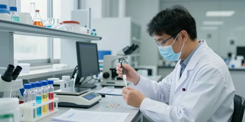 Scientist analyzing wholesale peptides in a modern lab setting, showcasing research equipment and samples.