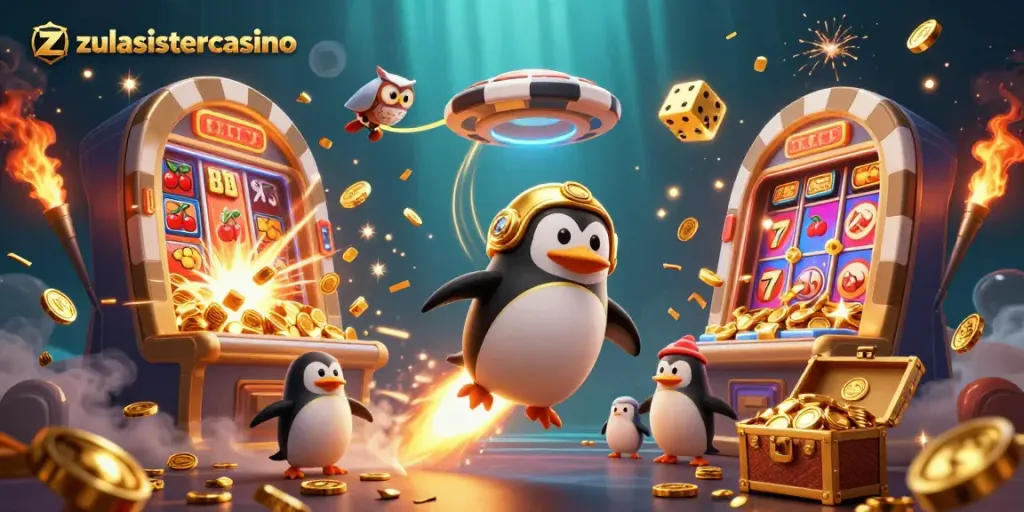 Experience thrilling gameplay at zulasistercasino as golden penguins soar past vibrant slot machines.