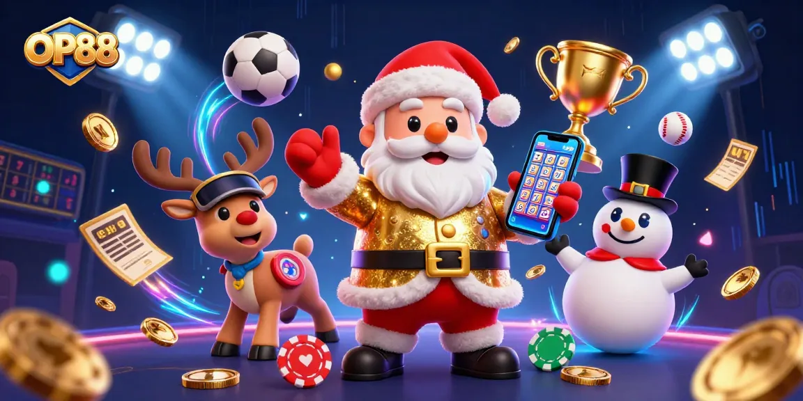 Experience thrilling betting at OP88 with festive casino characters and dynamic sports elements.