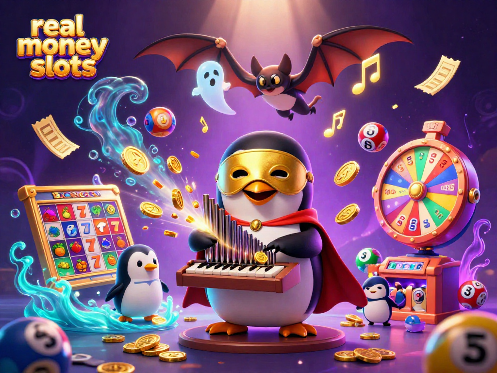 Engage with real money slots as a penguin plays an organ showering gold coins amidst a vibrant casino scene.