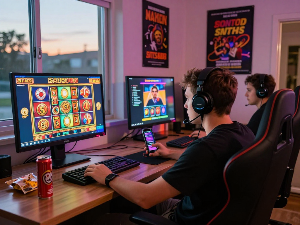 Player immersed in a lively online slots session at situs888, colorful gaming setup.