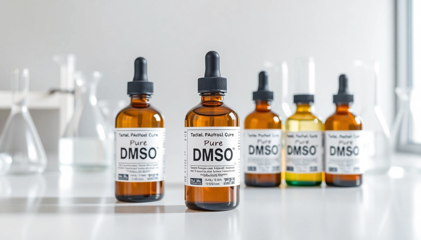 Pure DMSO bottles arranged professionally on a laboratory table showcasing their quality.