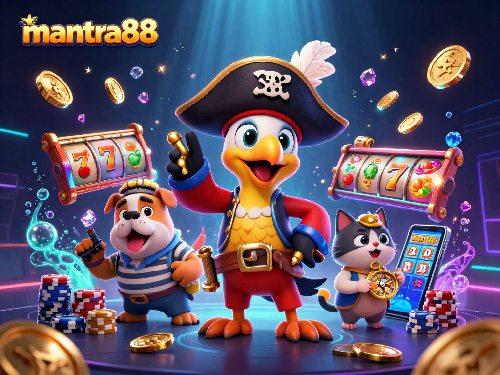 Engaging scene showcasing mantra88's gaming adventure with vibrant characters, slot reels, and golden treasures.