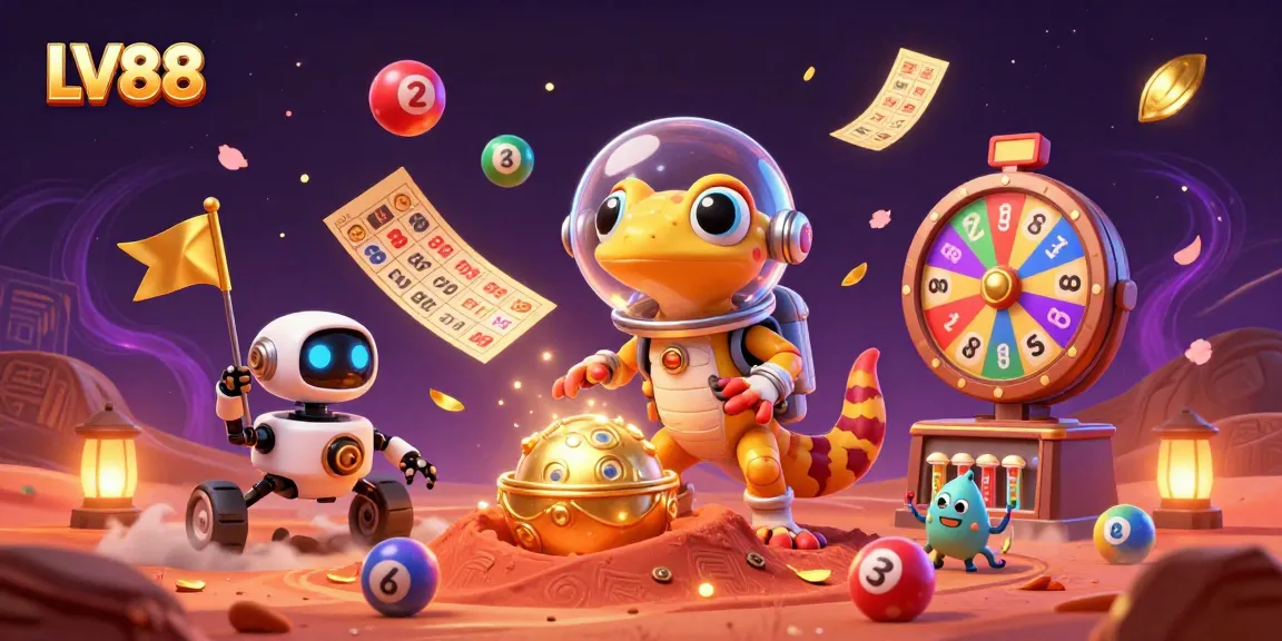 Engage with the vibrant LV88 casino scene featuring a Martian gecko and dynamic lottery elements.