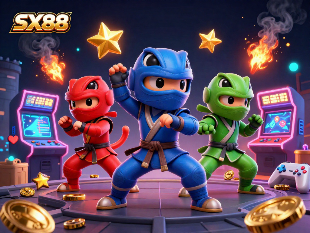 SX88 chameleon ninjas showcase synchronized moves amid vibrant gaming elements in a dynamic casino illustration.
