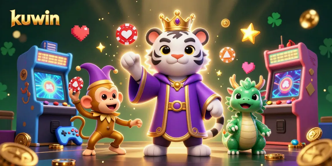 Kuwin showcases thrilling gaming with a lively white tiger and playful monkey in a dynamic casino scene.