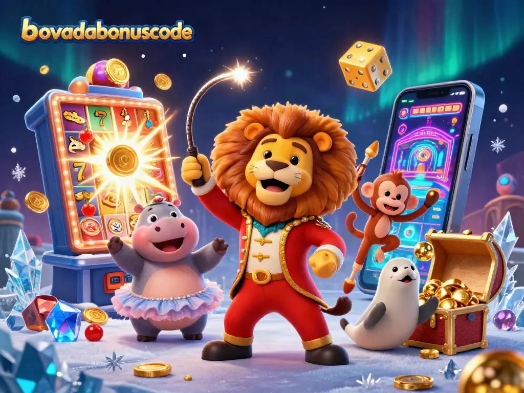 Activate your luck with bovadabonuscode in this vibrant illustration showcasing slot machines and circus characters.