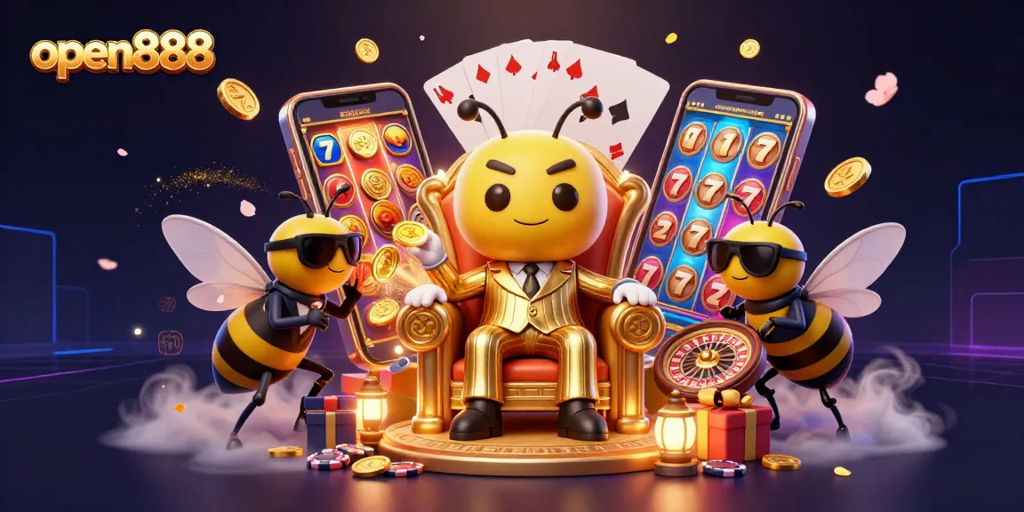 Witness open888's 3D cartoon characters in a vibrant casino-themed illustration with slot games and gold coins.