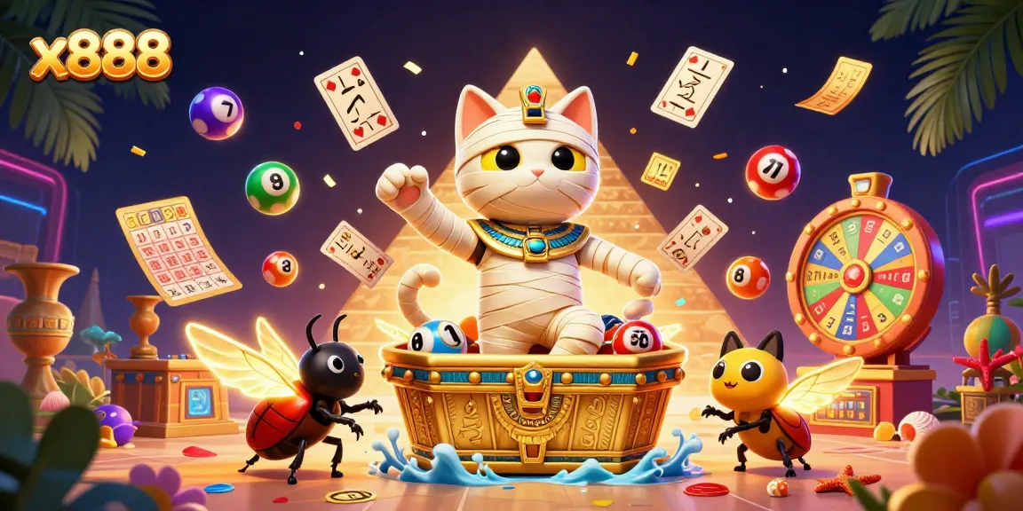 x888 brings the excitement of vibrant lottery balls, a golden sarcophagus, and animated casino elements to life.