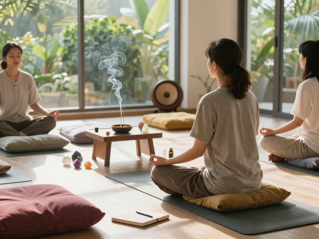 Individual practicing meditation in serene retreat space emphasizing mantra88 for holistic wellness.